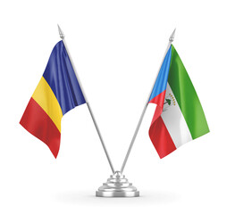 Equatorial Guinea and Romania table flags isolated on white 3D rendering