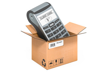 POS terminal, card reader inside cardboard box, delivery concept. 3D rendering