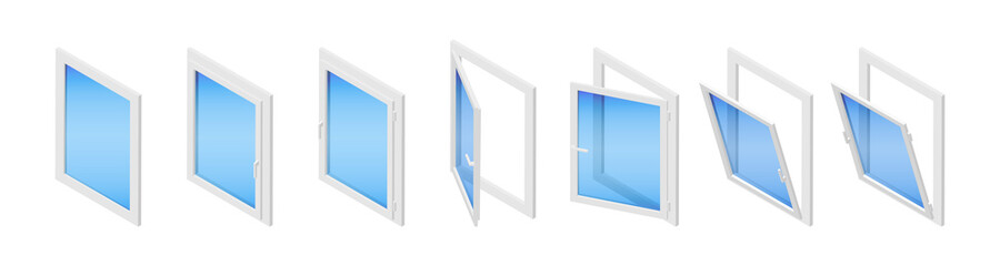 Isometric vector illustration plastic windows isolated on white background. Isometric vector diagram showing a casement window in three different positions: closed, tilted open and swung fully open.