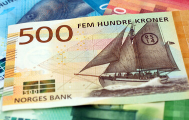 Drammen, Norway - December 29 2020: Norwegian currency of 500 kroner denomination, Norges Bank.