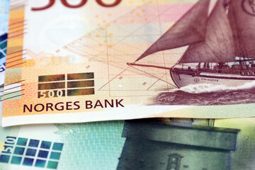 Drammen, Norway - December 29 2020: Norwegian currency of 500 kroner denomination, Norges Bank.