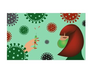 Vector illustration on the theme of the coronavirus pandemic. Image of a girl in a personal protective mask and a syringe with a viral vaccine. Get vaccinated. No coronavirus 