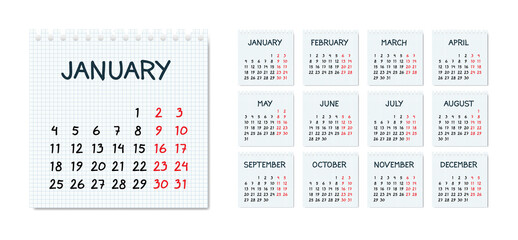 Monthly calendar 2021 in sketchy style on squared notebook page, start on monday. Vector illustration of 12 months 2021 pages