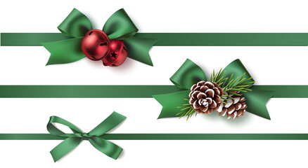 Set of decorative green bow  with horizontal green ribbon, red bells, pine cone  isolated on white background. Christmas and New Year decoration. Vector illustration - 402358981