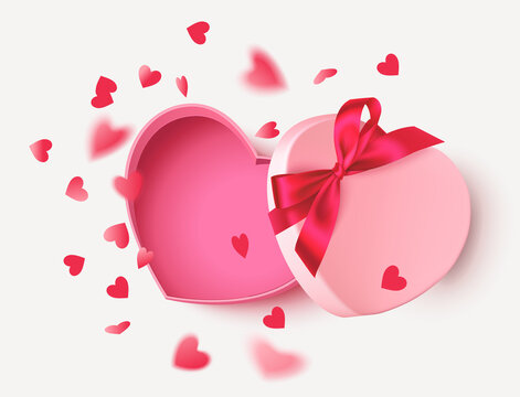Decorative pink empty gift box with red bow and flying heart confetti isolated on white background. Valentines day design template. Vector stock illustration.