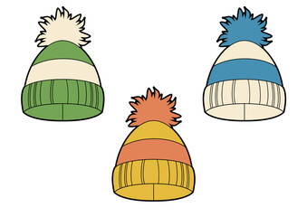 Set of winter knitted hats with stripes.