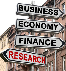 The road indicator on the arrows of which is written - business, economics, finance and RESEARCH