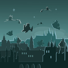 Vector humorous picture.  Men flying and storks carrying children on the background of the night city.