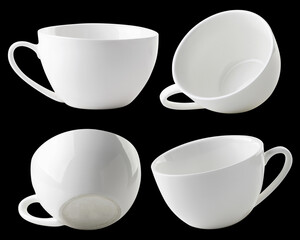 Set of white empty cups of different types on a black. Isolated
