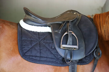 Old leather saddle with stirrups for show jumping race