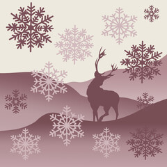 Christmas card.  Red deer and falling snowflakes