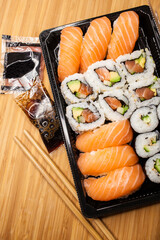 Sushi and maki sold in a plastic tray, food took away.