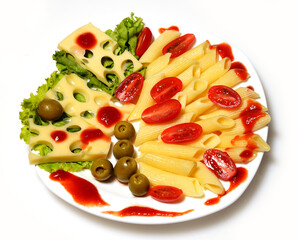 Pasta with cheese, olives and tomatoes
