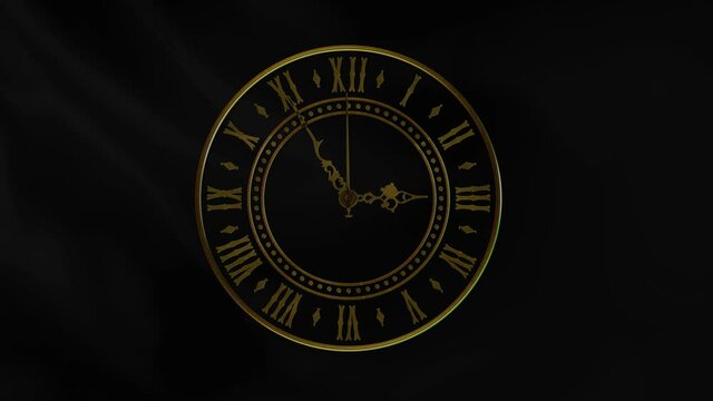 Golden Roman Numeral Clock on Black Cloth 4K Loop features a gold or bronze clock with Roman Numerals and hands spinning over a billowing black fabric in a loop
