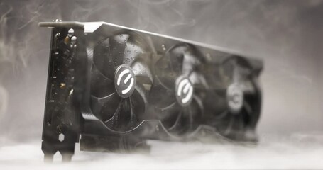 Graphics card with smoke rising and dark background