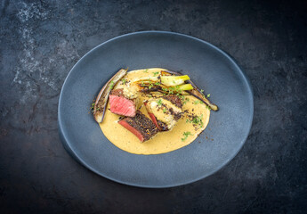 Modern Style gebratenes dry aged Wagyu Roastbeef Pfeffersteak mit Fenchel und Aubergine in Pfeffer Rahmsauce serviert als Draufsicht in einem Design Teller mit Textfreiraum