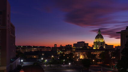 Image at dusk looking south showing the Pasadena City Hall and other buildings around the civic center.