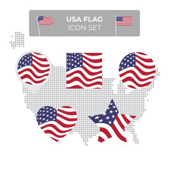 USA flag icons set in the shape of square, heart, circle, stars and pointer, map marker. USA mosaic map. American flag waving in the wind. US flat vector symbol, icon, button