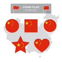China flag icons set in the shape of square, heart, circle, stars and pointer, map marker. Mosaic map of china. Chinese flag. Vector flat symbol, icon, button