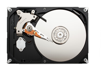 computer hard disk inside view with mirrored blank disks on which data is recorded and a magnetic...