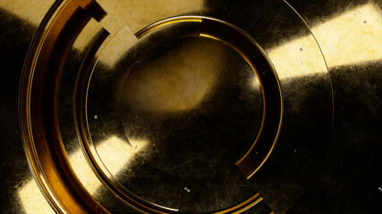 Golden modern business video background. Rotating parts of a circle. Spiral scratched surface concept. 3d illustration