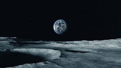 Fototapeta na wymiar View of the planet Earth from the surface of the Moon. Airless space. Simulated drone flight. High quality 3d illustration
