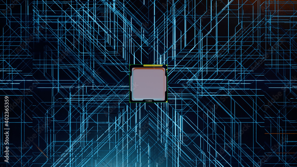 Poster a computer processor with millions of connections and signals. technology cpu background. pulses and