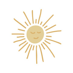 Cute vector sun on boho nursery clipart. Hand drawn doodle illustration. Cartoon kids clipart for baby shower, kids bedroom decor, birthday party or textile of apparel.