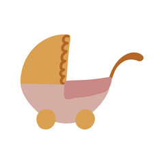 Cute vector flat stroller, boho nursery clipart. Hand drawn doodle illustration. Cartoon kids clipart for baby shower, kids bedroom decor, birthday party or textile of apparel.