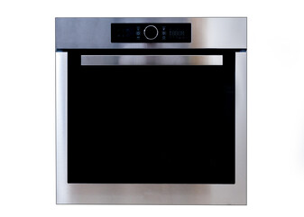 The front panel of the digital stove in inox color, isolated on white. Digital oven, isolated on white.