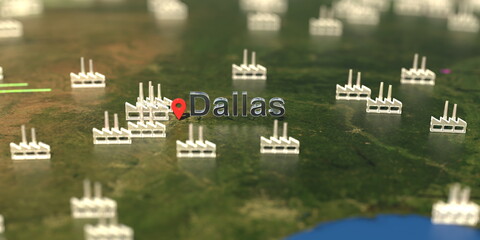 Factory icons near Dallas city on the map, industrial production related 3D rendering