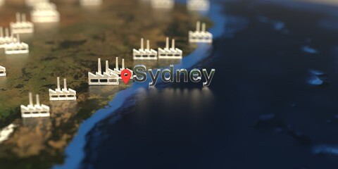 Sydney city and factory icons on the map, industrial production related 3D rendering