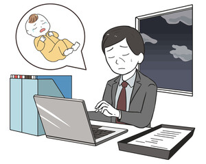 オフィスで勤務　子供が気になる　男性役員　夜