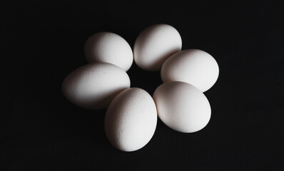 Six white eggs on a black background, forming a side flower