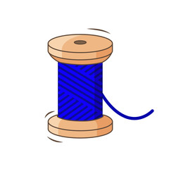 Wooden spool of blue thread isolated on white background.