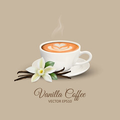 Vector 3d Realistic White Porcelain Ceramic Mug, Hot Milk Coffee, Foam, Flower, Heart Pattern and Smoke. Vanilla Flower. Capuccino, Latte. Stock Vector Illustration. Design Template