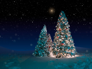 Christmas trees with lights and snow in the forest at night. Star of Bethlehem, Epiphany....