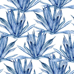 Watercolor seamless pattern agave isolated on white.