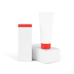 Mock up white cosmetic tube with red stripe. Blank packaging cosmetic tube or toothpaste isolated on white background.