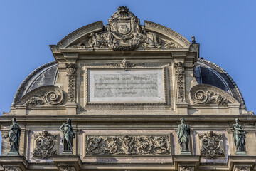 Fragment of a fountain Saint-Michel (1858 - 1860), Paris, France. Popular architectural historical landmark.
