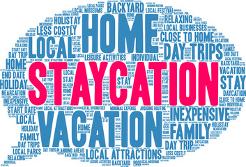 Staycation Word Cloud on a white background. 