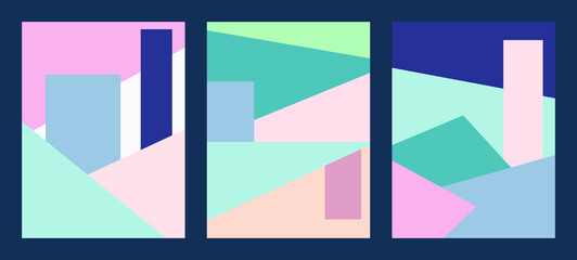 Abstract set of backgrounds, for cards, posters, templates and covers. Design with geometric multicolored shapes in random order.