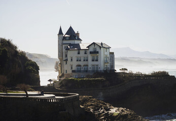 Panoramic view of Villa Belza hotel palace palais at atlantic beach coast in french seaside town city Biarritz - obrazy, fototapety, plakaty