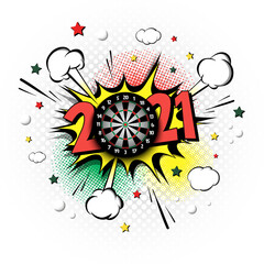 New Year numbers 2021 and dartboard in pop art style. Comic text on speech bubbles background. Sound effect. Design Pattern for greeting card, banner, vintage comics, poster. Vector illustration
