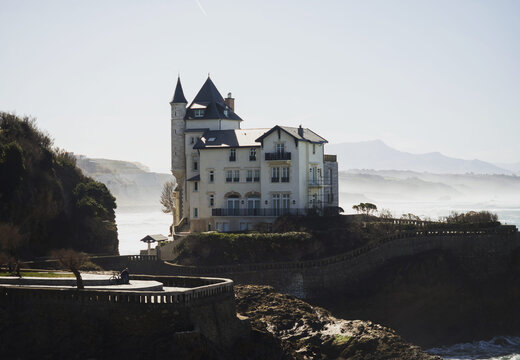 Panoramic view of Villa Belza hotel palace palais at atlantic beach coast in french seaside town city Biarritz