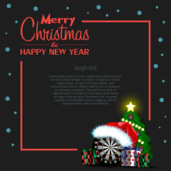 Fototapeta na wymiar Merry Christmas and Happy New Year. Frame with dartboard, Christmas tree and gift boxes. Greeting card design template with for new year. Vector illustration