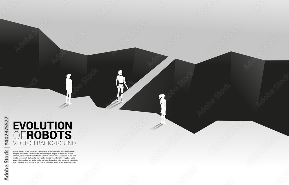 Poster Businessman and robot in front of valley and the robot with the bridge. Business concept for machine learning and a.i artificial intelligence.human vs. robot.