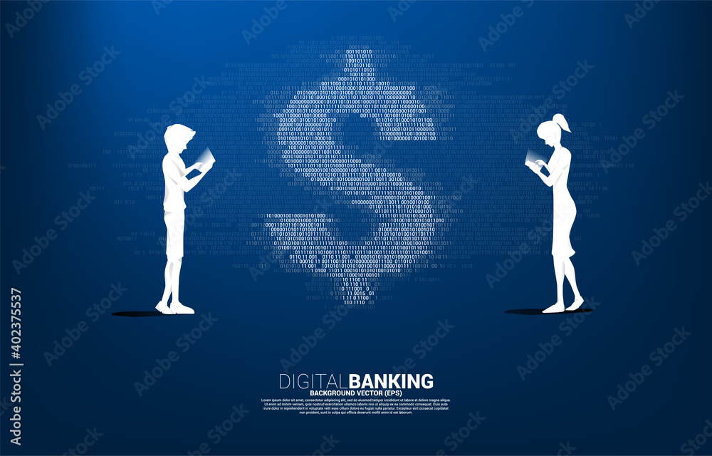 Poster Silhouette of man and woman using mobile phone and money dollar currency with one and zero binary code digit matrix style. Background Concept for electronic money and digital banking