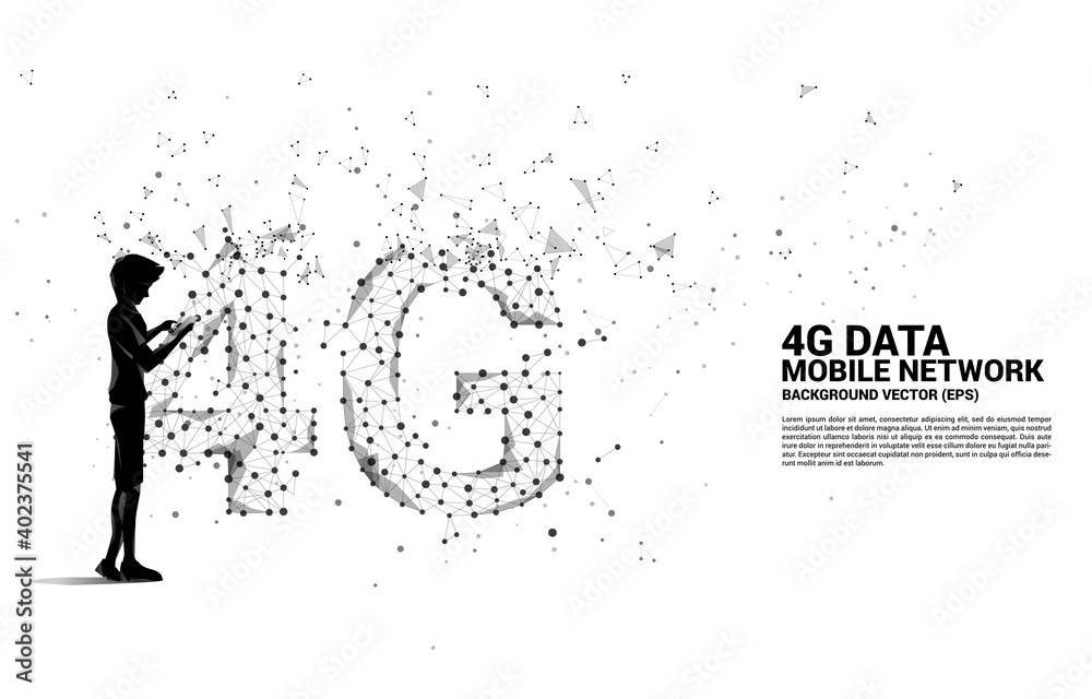 Poster Silhouette of man using mobile phone with Polygon dot connect line shaped 4G mobile network. Concept for mobile phone data sim card technology.