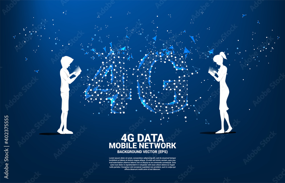 Poster silhouette of man using mobile phone with polygon dot connect line shaped 4g mobile network. concept